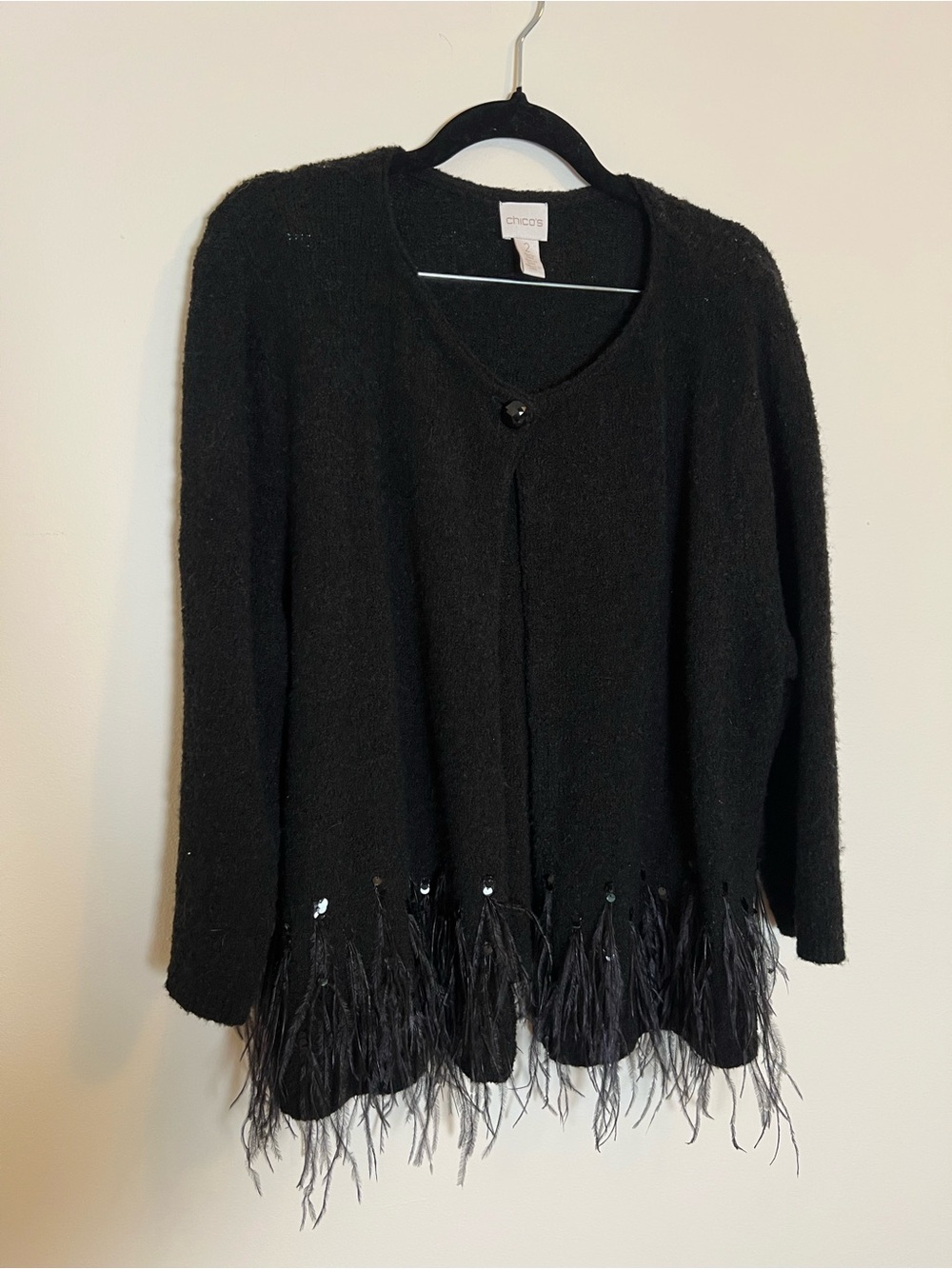 Chico's Black Feather sequins -Trim Cardigan Sweater